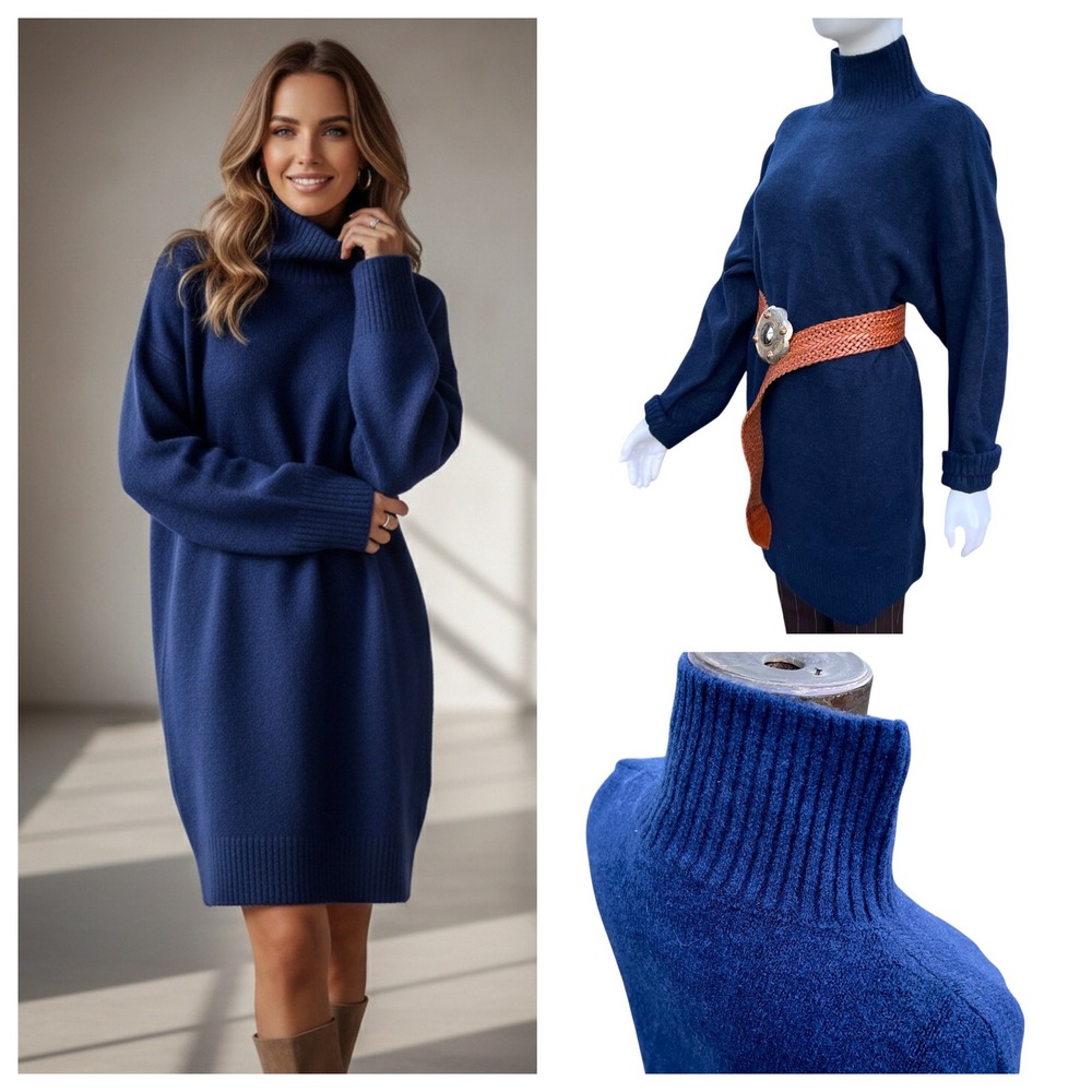 ZARA Sweater Dress Mock Neck Navy Blue Clean Girl Old Money Minimalist Sz Medium